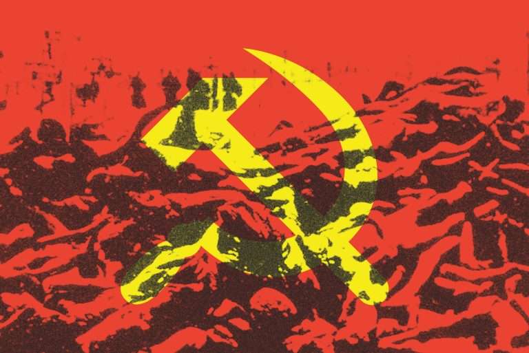 Yellow hammer and sickle on red background