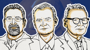 Cartoon busts of Daron Acemoglu, Simon Johnson, and James A. Robinson