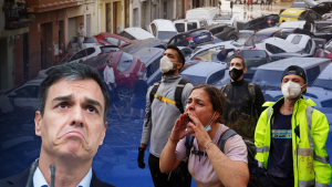 Collage of Spanish protestors and politician in front of flooding image
