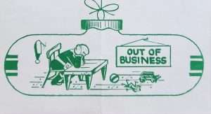 Comic of Santa in a workshop with a sign saying "OUT OF BUSINESS"