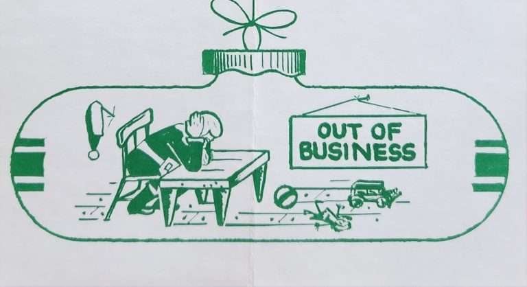 Comic of Santa in a workshop with a sign saying "OUT OF BUSINESS"