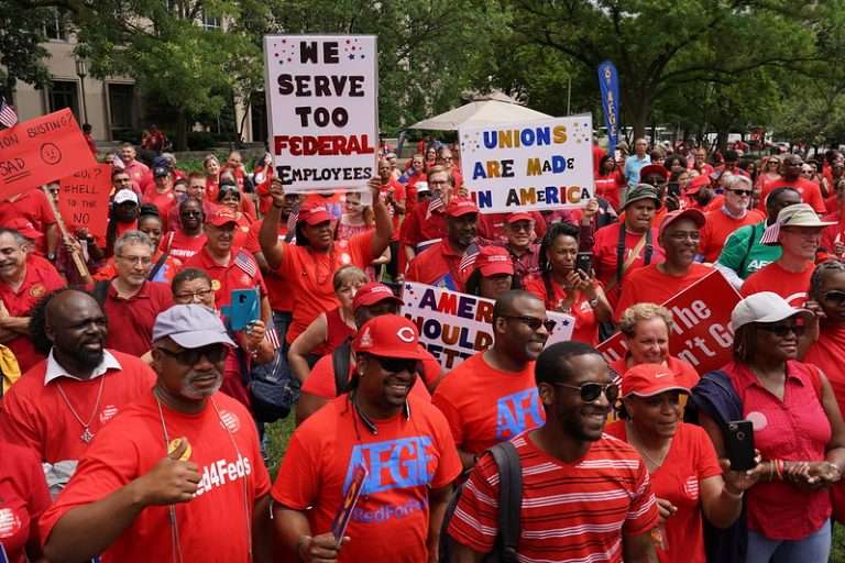 Pro-union protesters marching in the street