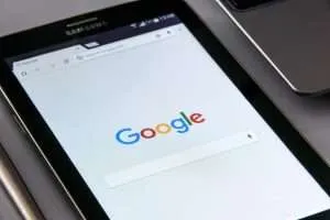 Google homepage open in Chrome browser on a tablet