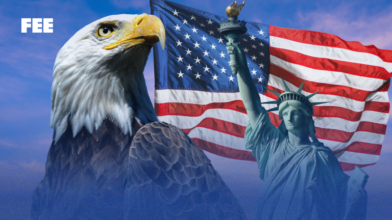 Collage of American flag, eagle, and statue of liberty.