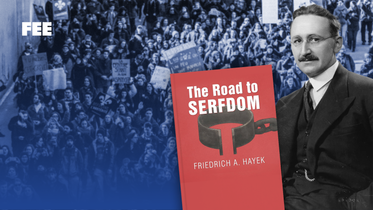 Collage of Hayek, The Road to Serfdom, and protestors in the background
