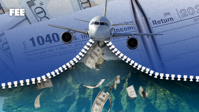 Collage with a plane flying over Hawaii.