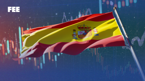 Spanish flag with candlestick chart in the background.