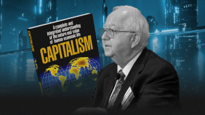 George Reisman headshot next to the cover of his book 'Capitalism"