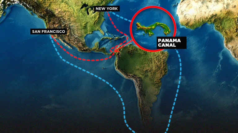 Map of North and South America with a circle showing the Panama Canal.