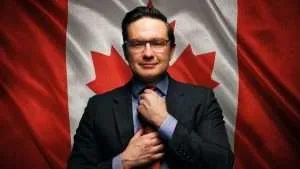 Pierre Poilievre in front of a Canadian flag.
