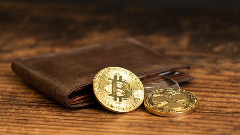 Wallet on a table with physical Bitcoin coins.