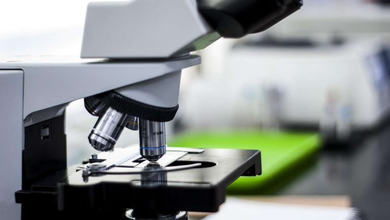 Microscope in a lab.