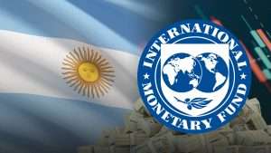 Argentinian flag next to IMF symbol.
