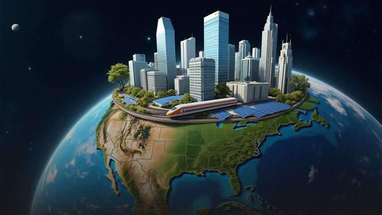 Cartoon of a city sitting on top of a globe.