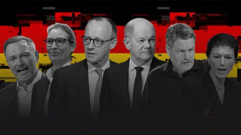 German politicians with German flag in the background.