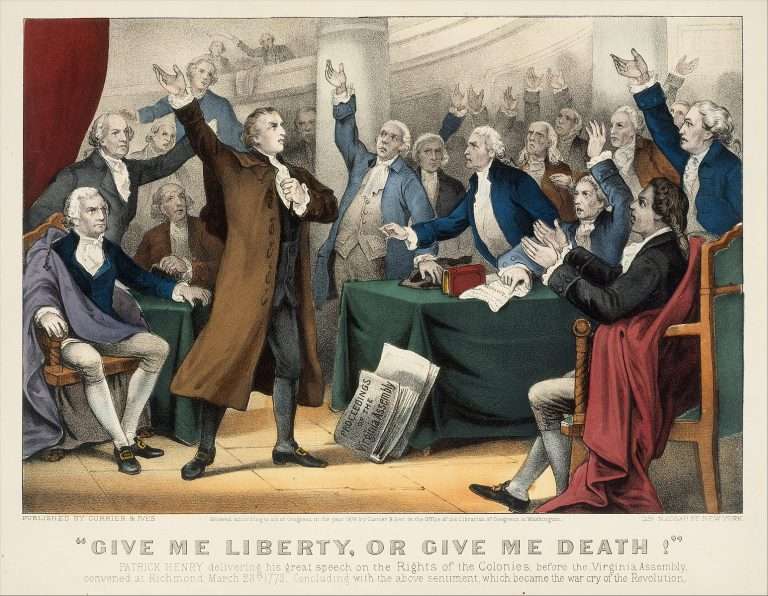 Drawing of Patrick Henry delivering a speech.
