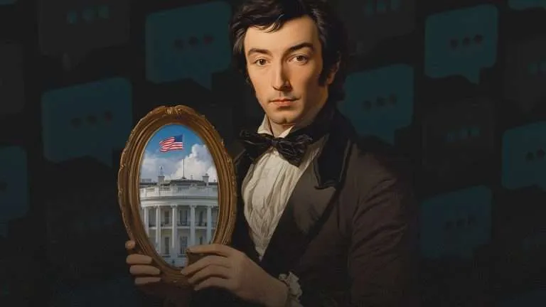 Alexis de Tocqueville holding a mirror reflecting the White House.