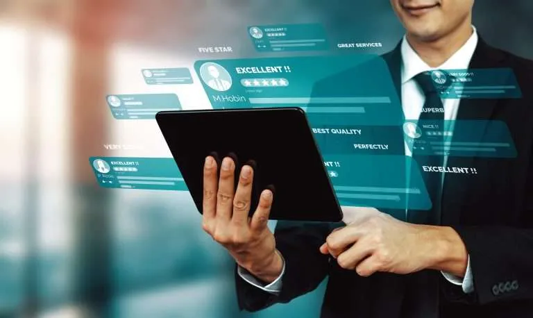 Customer review satisfaction feedback survey concept. User give rating to service experience on online application. Customer can evaluate quality of service lead to reputation ranking of business. uds