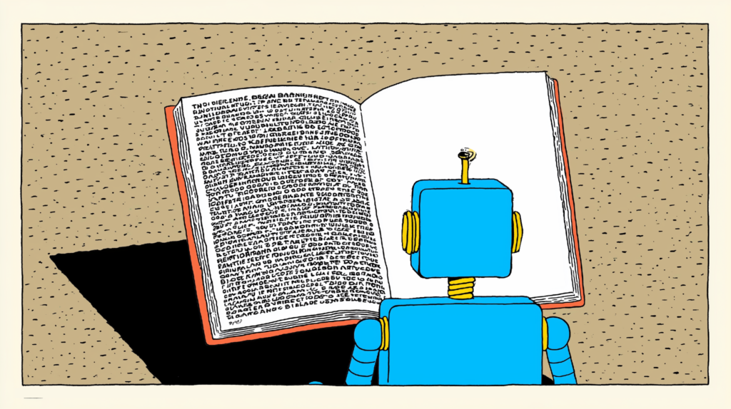 illustration of a robot looking at a book