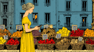 illustration of a woman at a market stall, everything has a QR code