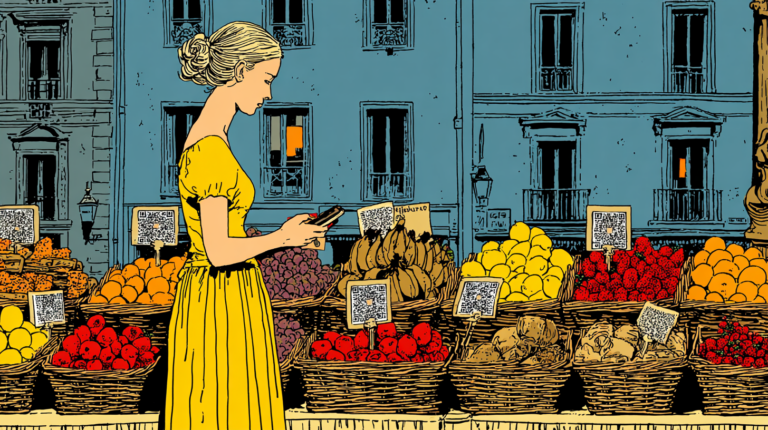 illustration of a woman at a market stall, everything has a QR code