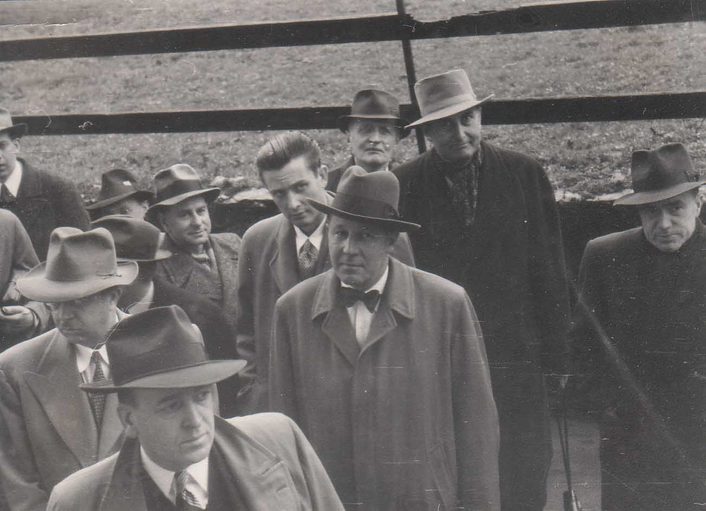 A crowd gathered outdoors in the early 1950s