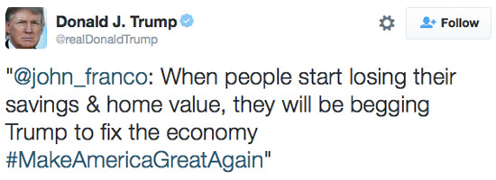 When people start losing their savings and home value, they will be begging Trump to fix the economy.